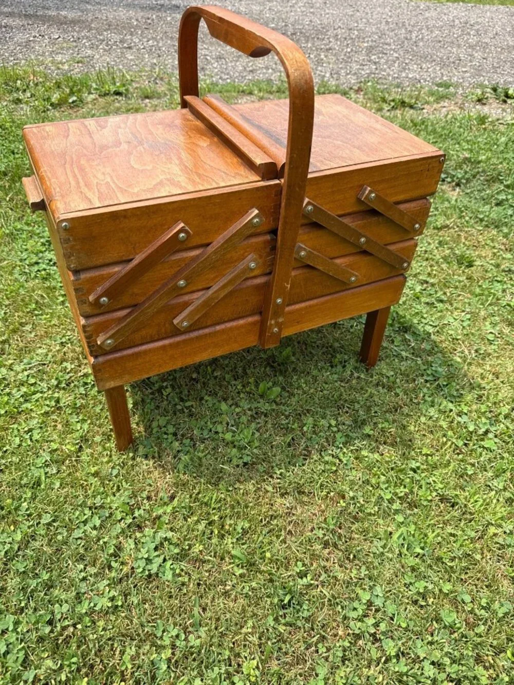 Vintage Wooden Sewing Box Accordian Made Romania Wood Storage Organizer